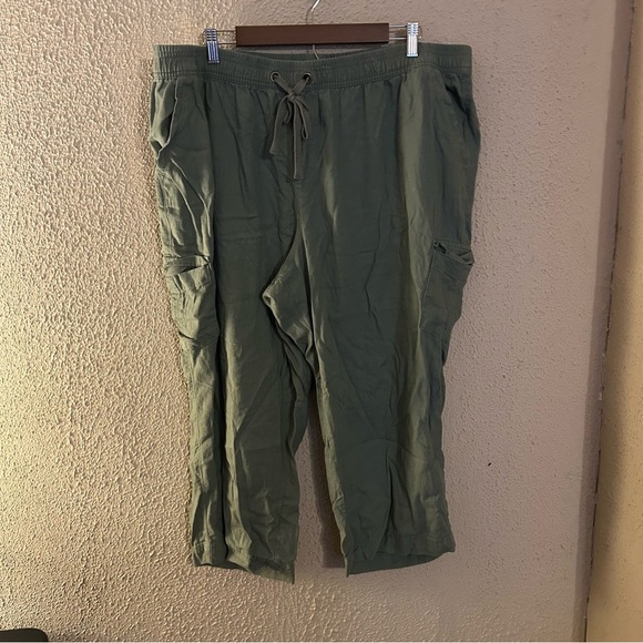 Cato Pants - Cato Olive Green Linen Drawstring Cropped Pants Size 22/24W Utility Wide Leg